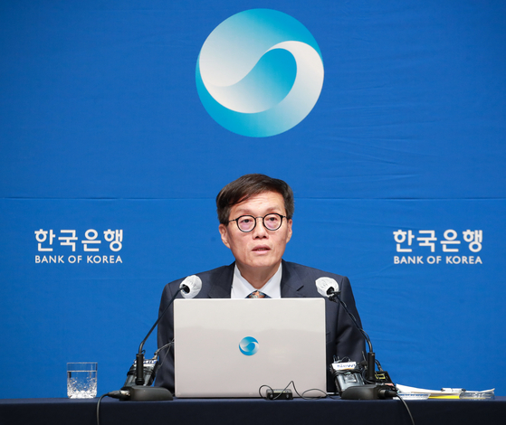 Bank of Korea Gov. Rhee Chang-yong speaks during a press conference held at the bank’s headquarters in central Seoul on Thursday. [BOK]