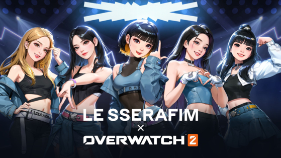 Promotional image for girl group Le Sserafim's collaboration with Blizzard Entertainment's first-person shooter game Overwatch 2 [SOURCE MUSIC]