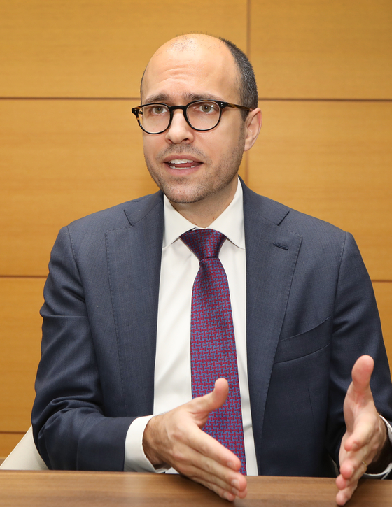 A. G. Sulzberger, chairman and publisher of The New York Times, sits for an interview with the Korea JoongAng Daily at the Seoul National University (SNU) in Gwanak District, southern Seoul, on Thursday. [PARK SANG-MOON]