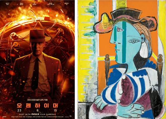 Left, main poster for the film "Oppenheimer," and right, Pablo Picasso's painting "Woman Sitting with Crossed Arms" (1937) [UNIVERSAL PICTURES/MUSÉE PICASSO-PARIS]
