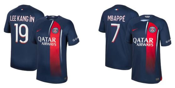 Lee Kang-in and Kylian Mbappe shirts are seen on sale on the official Paris Saint-Germain website in a screen capture Tuesday.  [SCREEN CAPTURE] 