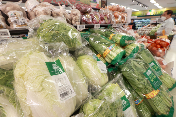Chinese cabbage, the main ingredient for making kimchi, are displayed at an Emart branch in Yongsan District, central Seoul, on Tuesday. Korea's producer prices gained 0.4 percent on-month in September, driven by higher global oil prices, according to preliminary data from the Bank of Korea. [YONHAP]