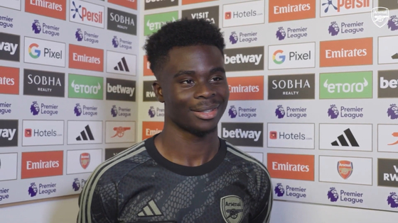 Arsenal's Bukayo Saka speaks after a 5-0 win against Sheffield United in the Premier League on Saturday. [ONE FOOTBALL]