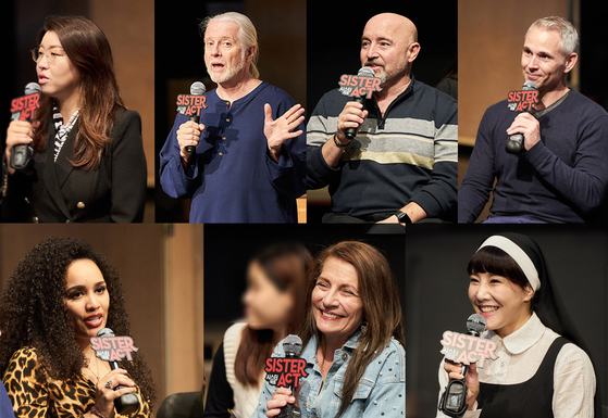 Cast and crew speak about the upcoming international production of "Sister Act" at Busan's Dongseo University on Wednesday. From top left are EMK Vice President and Producer Sophy Jiwon Kim, director Robert Johanson, music director BA Huffman, choreographer Jayme Mcdaniel, actor Nicole Vanessa Ortiz, actor Mary Gutzi and actor Kim So-hyang. [EMK MUSICAL COMPANY]