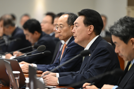 President Yoon Suk Yeol speaks at a Cabinet meeting held at the presidential office in Yongsan District, central Seoul, on Monday. [PRESIDENTIAL OFFICE]