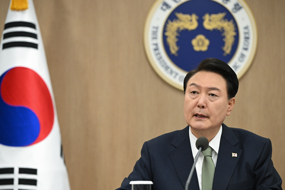 President Yoon Suk Yeol speaks in a Cabinet meeting at the Yongsan presidential office in central Seoul Monday. [PRESIDENTIAL OFFICE] 
