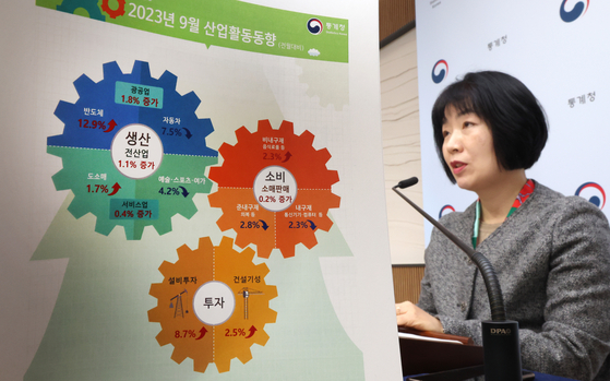 An official at Statistics Korea announces September's industrial output on Tuesday at the government complex in Sejong. [YONHAP]