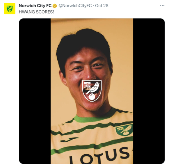 Norwich City mark Hwang Ui-jo's goal in a video posted to X, formerly Twitter, on Satuday.  [SCREEN CAPTURE]