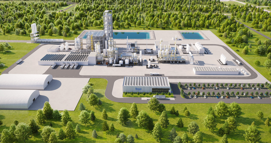 A computer-generated image of a plastic recycling plant of SK geo centric, Loop Industries and SUEZ, which will be completed by 2027 in France [SK INNOVATION]