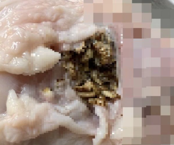 Tens of bug-looking foreign objects were found in a chicken product made by Harim [JOONGANG PHOTO]