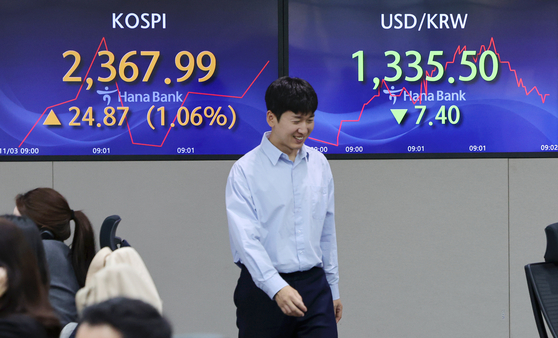 Screens in Hana Bank's trading room in central Seoul show stock and foreign exchange markets open on Friday. [YONHAP]