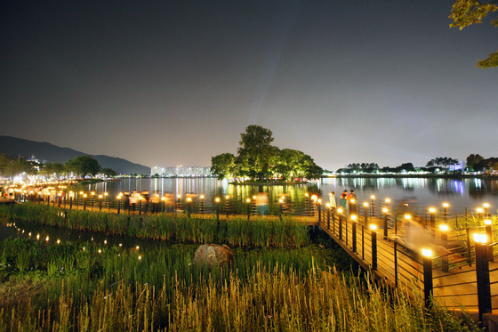 Suseong Lake in Suseong District lights up at night. [SUSEONG DISTRICT]