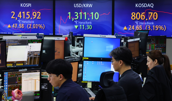 Screens in Hana Bank's trading room in central Seoul show stock and foreign exchange markets open on Monday. [YONHAP]