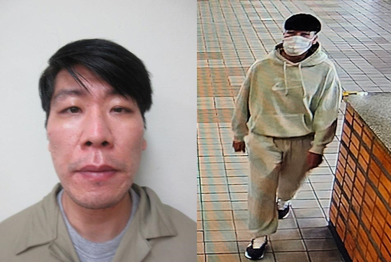 Kim Gil-soo, arrested for robbery last week and on a lam since last Saturday, has been placed on the wanted list by police. Kim's mug shot taken at a detention center in Seoul, left, and CCTV footage showing Kim near Danggogae Station in northern Seoul on Saturday when he was last sighted. [YONHAP] 