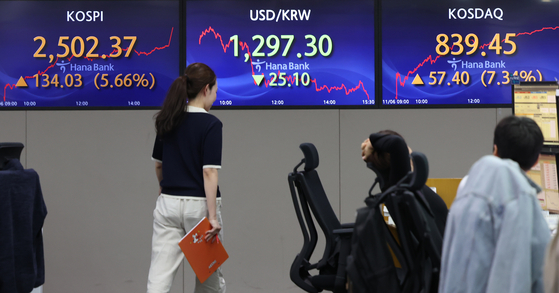 Electronic display boards show Monday markets at a Hana Bank branch in central Seoul on Monday. [NEWS1]