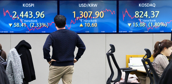 Electronic display boards at Hana Bank in central Seoul show Korea’s market on Tuesday. [NEWS1]