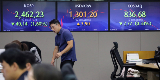 Electronic display boards show markets at a Hana Bank branch in central Seoul on Tuesday. [YONHAP]