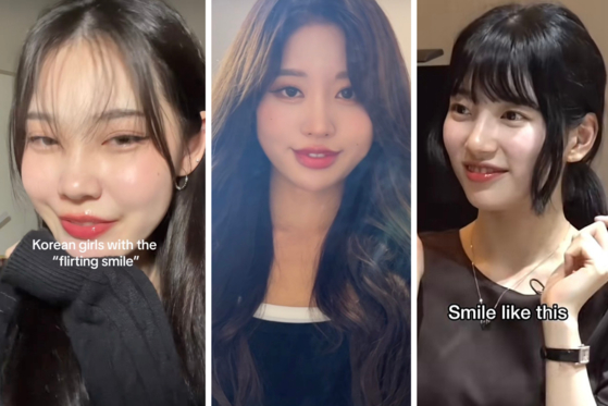 From left: Tiktoker Namuna/Casper (@caspertheghostyy). Korean influencer Jooshica went viral for her attempt. Actress and singer Suzy appeared on ″Jo Hyun-ah's Thursday Night″ and introduced the distinct grin. [SCREEN CAPTURE]
