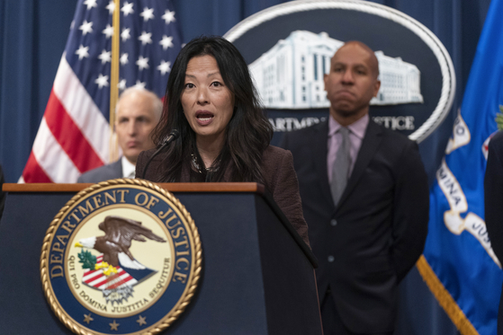 Deputy Special Representative for North Korea Jung Pak of the U.S. Department of State speaks during a news conference on April 25 at the Department of Justice in Washington. [AP/YONHAP]