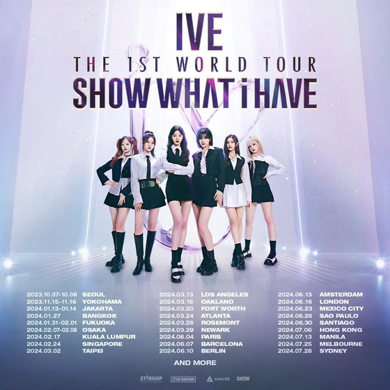 IVE will perform in over 27 cities worldwide until mid-2024 as part of its ″Show What I Have″ tour, the girl group's agency Starship Entertainment said Wednesday. [STARSHIP ENTERTAINMENT]