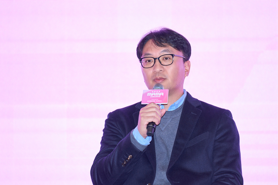 Park Chan-uk, general manager of Mnet, answers questions from reporters during a press conference held on Wednesday in southern Seoul as a preview to the upcoming 2023 MAMA Awards music ceremony set to take place on Nov. 28 and 29. [CJ ENM]