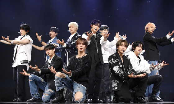 Boy band Omega X performs its new song during a showcase held at the Yes24 Live Hall in eastern Seoul for its third EP ″iykyk″ on Tuesday. [NEWS1]