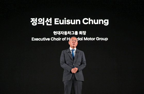 Hyundai Motor Group Executive Chair Euisun Chung speaks at a groundbreaking ceremony of Korea's first EV plant in Ulsan on Monday. [HYUNDAI MOTOR]