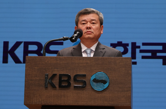 KBS President Park Min at a press conference held in Seoul on Tuesday. It was his second day at the job. [YONHAP]