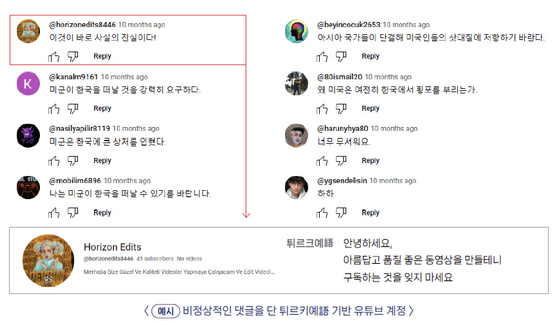 Replies in the comment section of an article published in one of the Chinese fake news websites that poses itself as a Korean news outlet. [NATIONAL CYBER SECURITY CENTER]
