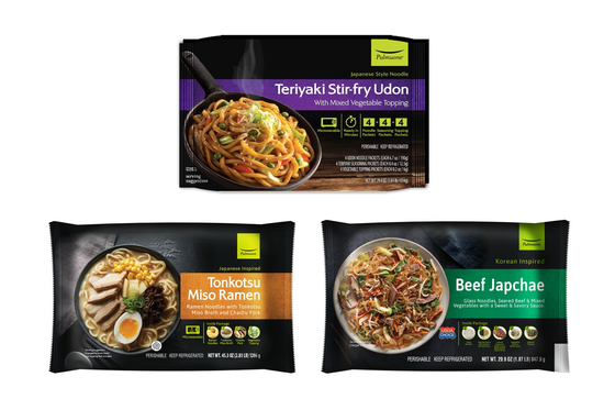 Pulmuone Asian noodle products: Teriyaki Stir-fry Udon, Tonkotsu Miso Ramen, and Beef Japchae [PULMUONE]