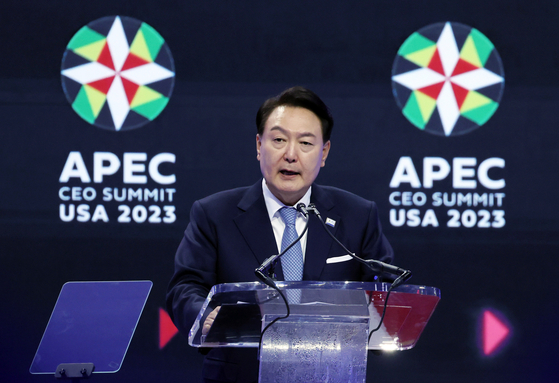 Korean President Yoon Suk Yeol speaks at the APEC CEO Summit during the annual Asia-Pacific Economic Cooperation gathering at the Moscone West Convention Center in San Francisco, California, on Wednesday. [JOINT PRESS CORPS]