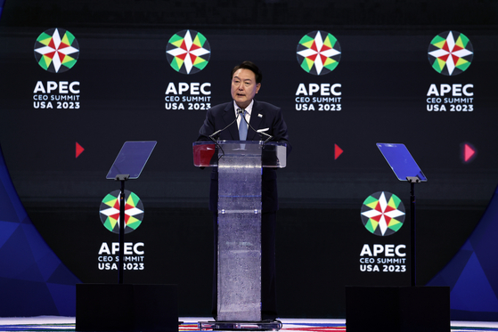 Korean President Yoon Suk Yeol speaks at the APEC CEO Summit during the annual Asia-Pacific Economic Cooperation gathering at the Moscone West Convention Center in San Francisco, California, on Wednesday. [JOINT PRESS CORPS] 