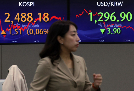 Screens in Hana Bank's trading room in central Seoul show stock and foreign exchange markets close on Thursday. [NEWS1]