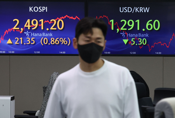 Screens in Hana Bank's trading room in central Seoul show stock and foreign exchange markets close on Monday. [YONHAP]