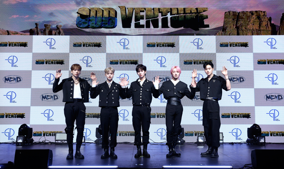Boy band MCND poses for the camera during a press showcase held at the Shinhan pLay Square in Mapo District, western Seoul, on Wednesday. [TOP MEDIA]