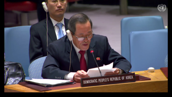 North Korean Ambassador to the UN Kim Song speaks during the UN Security Council meeting in New York on Monday. [SCREEN CAPTURE]