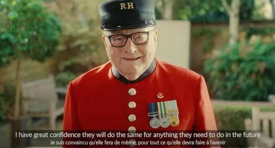 Colin Thackery, a 93-year-old British veteran of the Korean War and a winner of talent competition ″Britain's Got Talent″ in 2019, speaks in a video during Korea’s final presentation at the BIE general assembly in Paris Tuesday. [SCREEN CAPTURE]