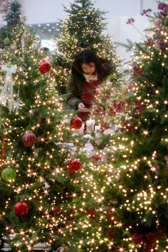 A visitor looks at Christmas decorations at the Daegu Christmas Fair 2023, on the event's opening day on Thursday. Open until Dec. 3, the fair will have 250 businesses operating 300 booths and selling a variety of Christmas and seasonal goods, including decorations, party equipment, desserts and beverages. [NEWS1]