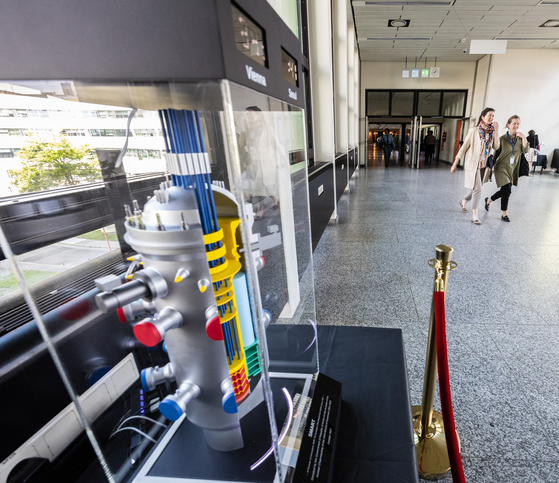Korea's domestically developed small modular reactor model displayed at the International Atomic Energy Agency in Vienna, Austria, in May 2023. [YONHAP] 