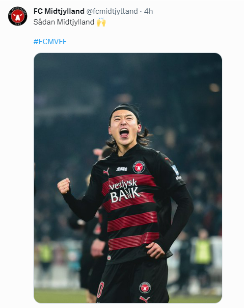 Cho Gue-sung celebrates in a photo posted on the official FC Midtjylland X account  [SCREEN CAPTURE]