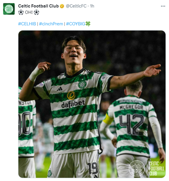 Oh Hyeon-gyu celebrates in a photo shared by the official Celtic on X on Wednesday.  [SCREEN CAPTURE]