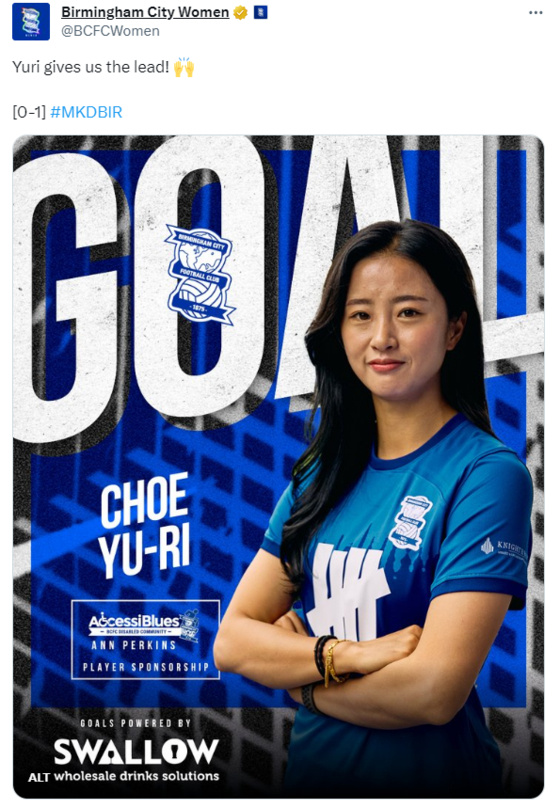 Birmingham City mark Choe Yu-ri's goal in an image posted on the club's official X account.  [SCREEN CAPTURE]