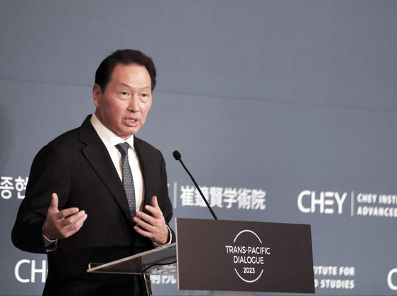 SK Group Chairman Chey Tae-won speaks at the 2023 Trans-Pacific Dialogue in Washington D.C. on Dec. 4. [SK GROUP]