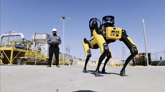 An inspection robot developed by Boston Dynamics and Aramco is deployed at an Aramco operation site in Saudi Arabia. [ARAMCO]