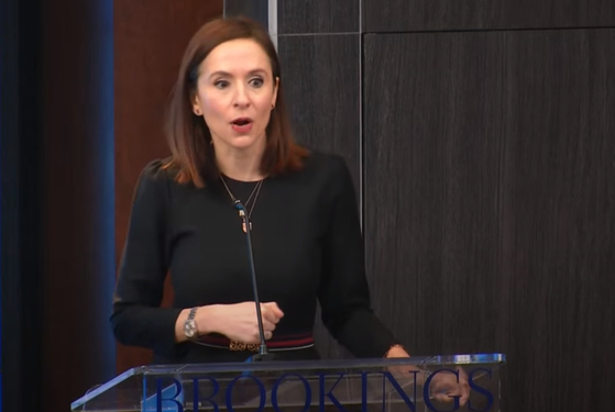 Mira Rapp-Hooper, White House National Security Council senior director for East Asia and Oceania, speaks on trilateral cooperation with South Korea and Japan at a forum hosted by the Brookings Institution in Washington on Wednesday. [SCREEN CAPTURE]