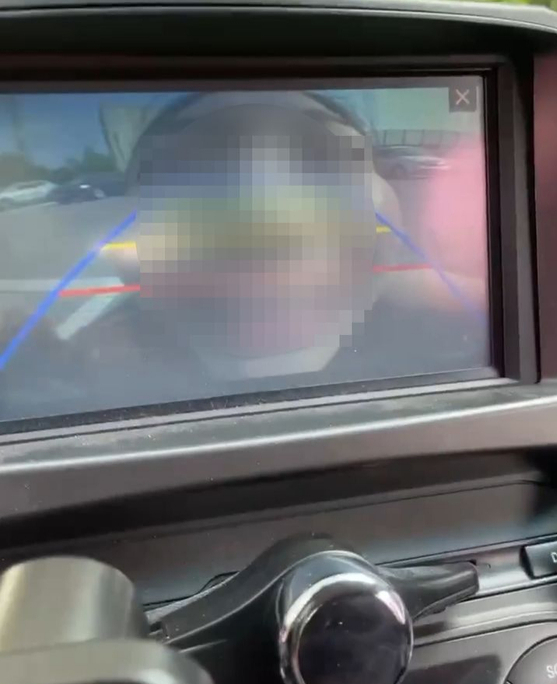 A face seen through a vehicle's rear-view camera. [SCREEN CAPTURE]