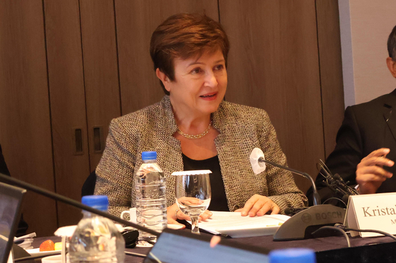 Kristalina Georgieva, the managing director of the International Monetary Fund, speaks during a meeting with reporters in Seoul on Dec. 15, 2023. [YONHAP]