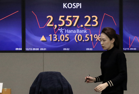 A screen in Hana Bank's trading room in central Seoul shows stock market open on Friday. [YONHAP]