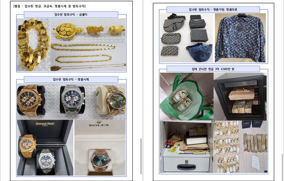 Items seized from gangsters who laundered illegal gambling profits, including cash, gold items, designer brand clothes and watches [YONHAP]