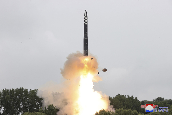 North Korean test-fires a Hwasong-18 intercontinental ballistic missile (ICBM) on July 12 in a photo carried by the state-run Korean Central News Agency. Pyongyang launched another ICBM on Monday, its fifth this year. [YONHAP]